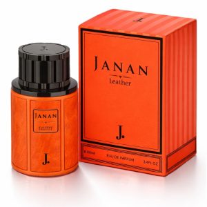 Janan Leather by J. perfume bottle with luxury orange packaging on warm background